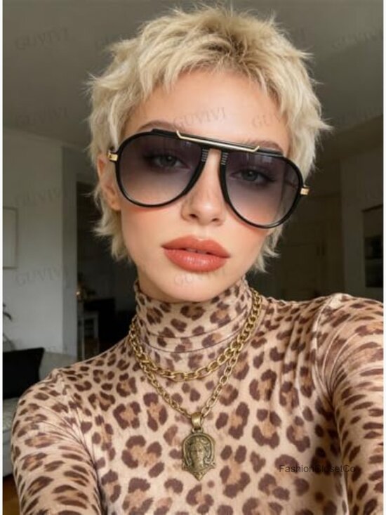 Oversized Aviator Sunglasses, 70s Retro Gold Metal Square Frame, UV400 main image 6